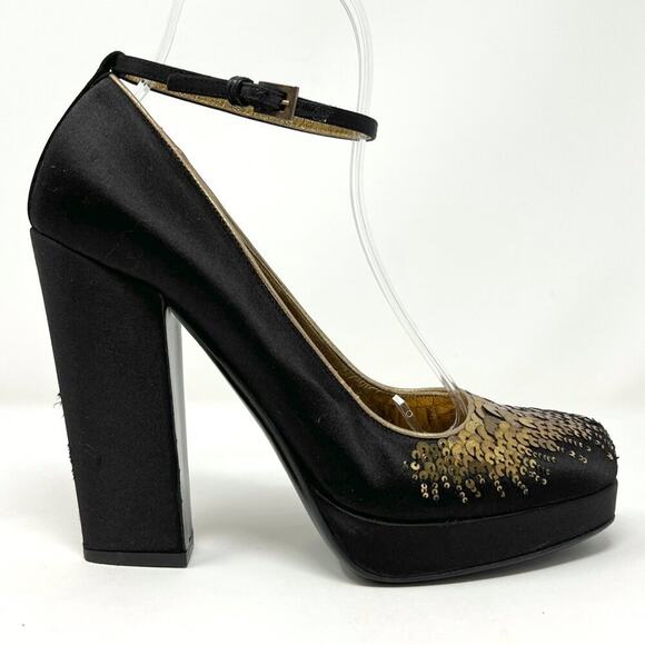 Prada Black Satin Gold Sequins Embellished Mary Jane Platform Pumps - Picture 3 of 9